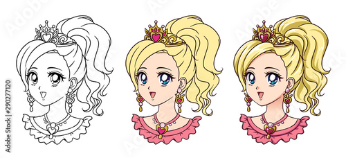 Cute anime princess portrait. Three versions contour, flat colors, cell shading.