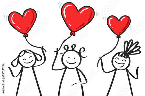 Valentine's Day, three stick figures holding heart shaped balloons