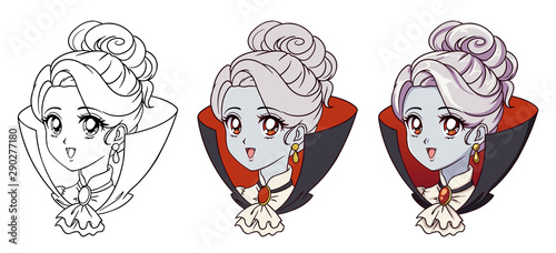 Cute anime vampire girl portrait. Three versions: contour, flat colors, cell shading. 90s retro anime style hand drawn vector illustration. Isolated on white background. Stock Vector | Adobe Stock Cute anime vampire girl portrait. Three versions: contour, flat colors, cell shading. 90s retro anime style hand drawn vector illustration. Isolated on white background. Stock Vector | Adobe Stock