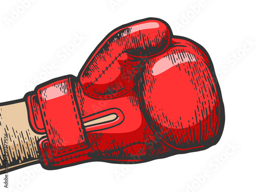 Hand in boxing glove sketch engraving vector illustration. Tee shirt apparel print design. Scratch board style imitation. Black and white hand drawn image.