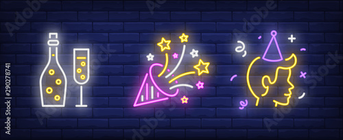 Christmas celebration neon sign set with fizzy wine