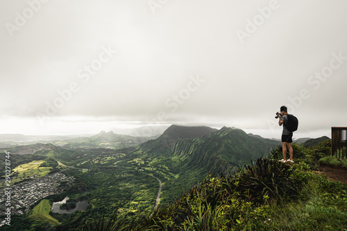 Dramatic moody view of Kaneohe and Ho'omaluhia Botanical Gardenin Oahu, Hawaii.