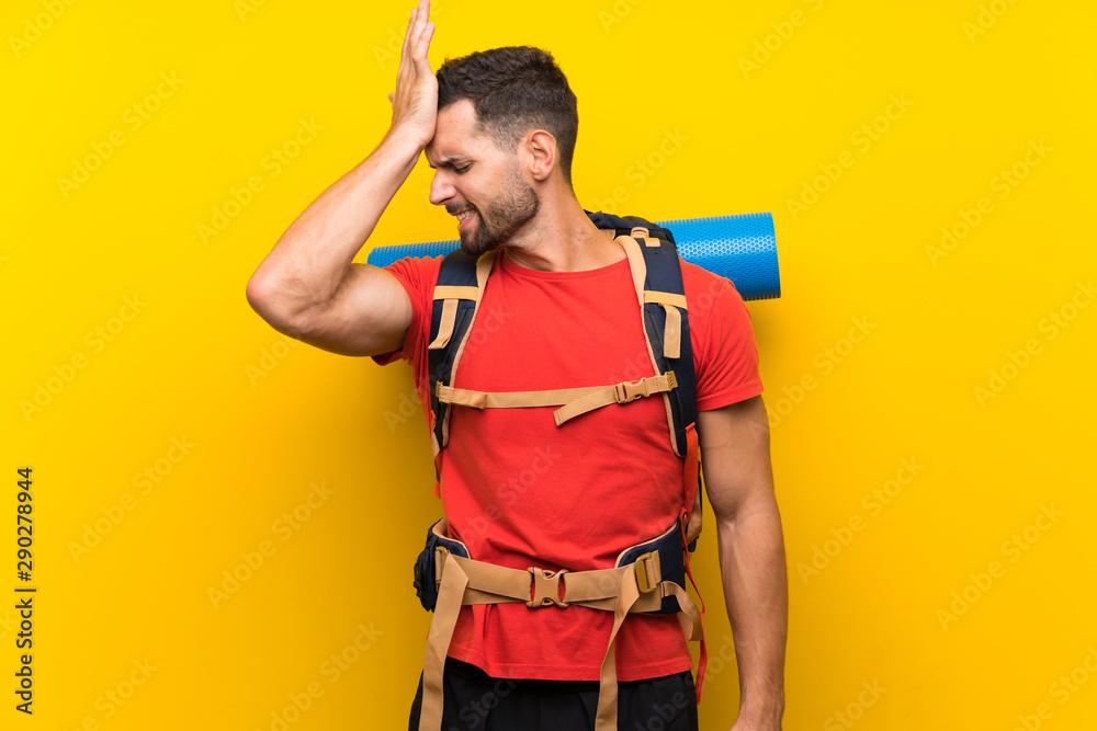 Young hiker man having doubts with confuse face expression Young hiker man having doubts with confuse face expression