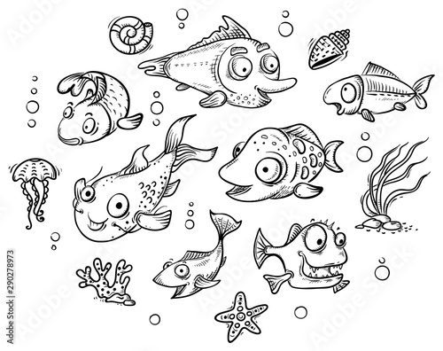 A set of cartoon tropical fishes, outline clip art