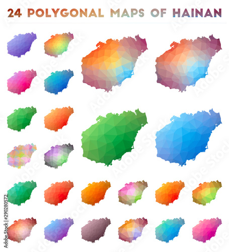 Set of vector polygonal maps of Hainan. Bright gradient map of island in low poly style. Multicolored Hainan map in geometric style for your infographics.