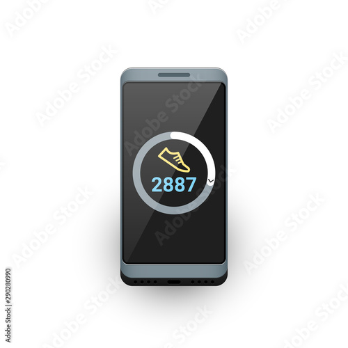 Smartphone with fitness tracker or steps counter app on screen. Vector illustration