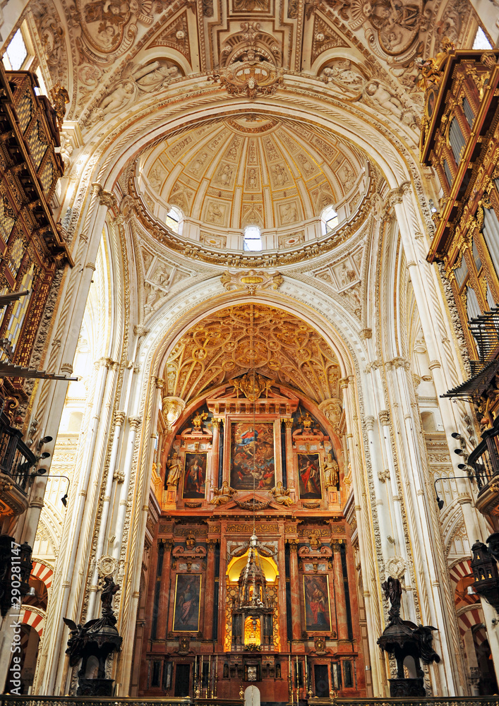 High altar and renaissance vaults of the famous Cathedral - Mosque of Cordoba World Heritage Site by Unesco, one of the most visited monuments of Andalusia and Spain