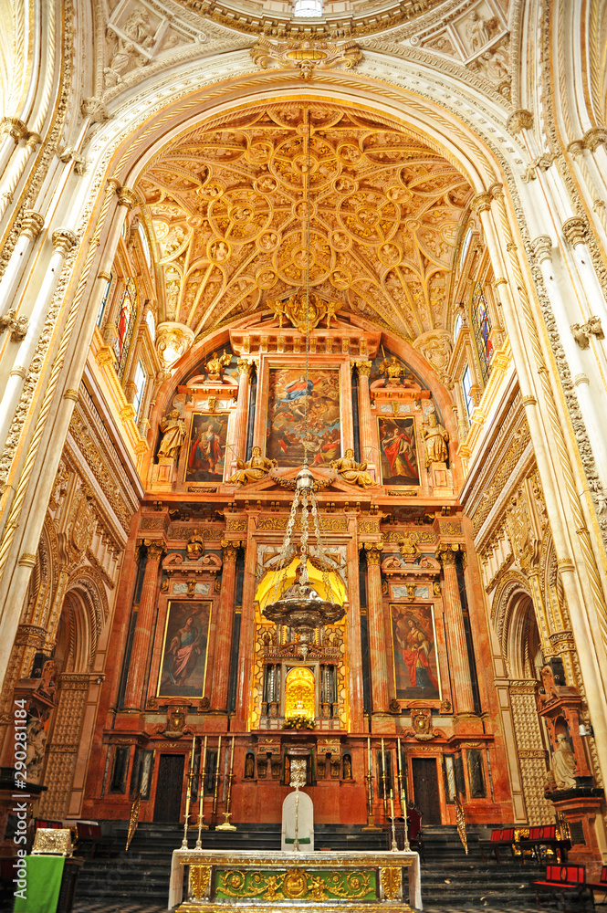 High altar and renaissance vaults of the famous Cathedral - Mosque of Cordoba World Heritage Site by Unesco, one of the most visited monuments of Andalusia and Spain