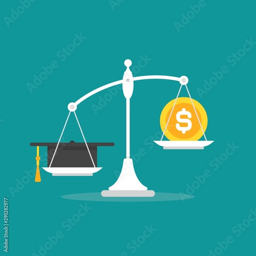 White mechanical scales with clock and mortar board in pans. Education value,