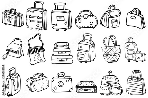Collection of doodle bags, backpacks, suitcases and beach bags. Coloring page or book for children and adults. Vector illustration.