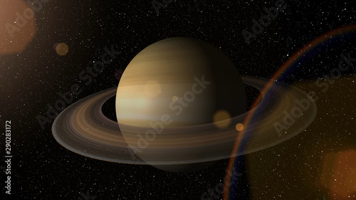 Giant gas planet Saturn and rings CG animation. Realistic 3D rendering of beautiful planet Saturn with rising sun. © Ser