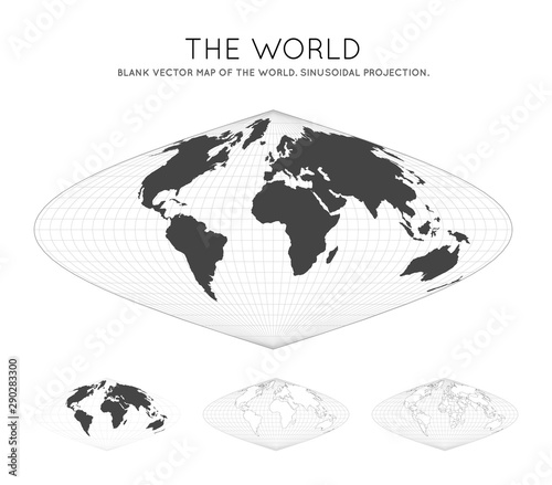 Map of The World. Sinusoidal projection. Globe with latitude and longitude lines. World map on meridians and parallels background. Vector illustration.