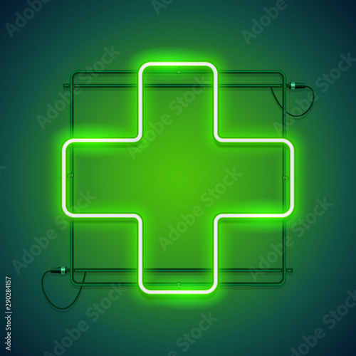 Pharmacy glowing neon sign with a green crosse makes it quick and easy to customize your medical project in neon style.