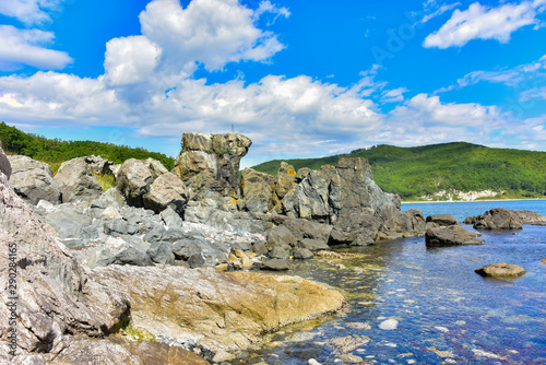 Landscape - a natural breakwater in a wild bay. Far East, Primorsky Krai, Russia