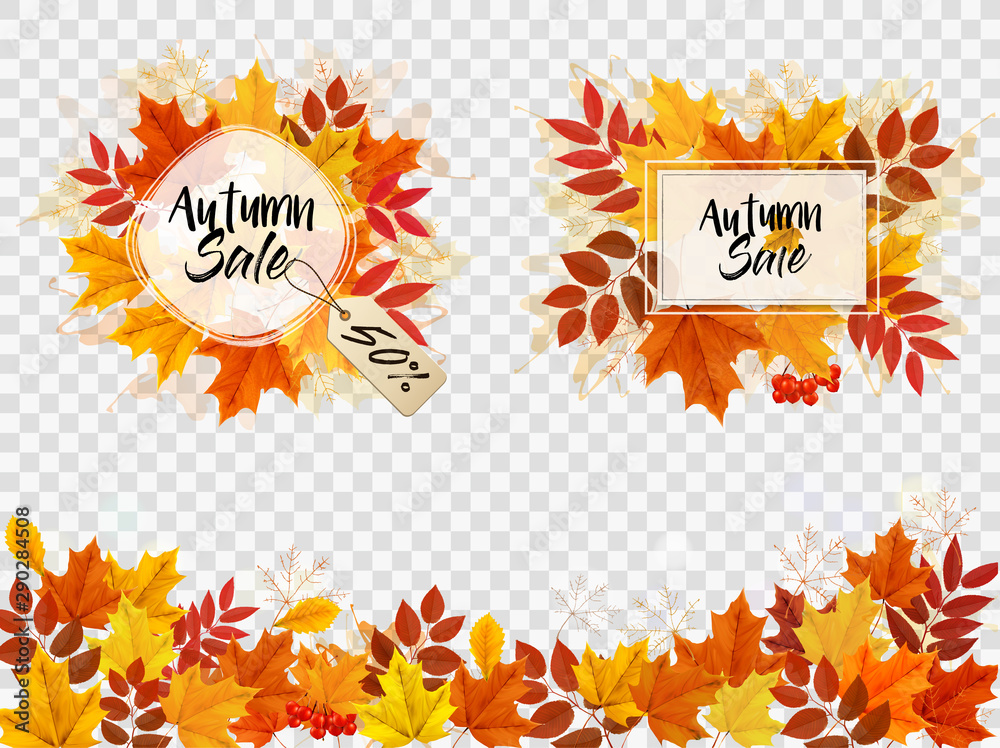 Autumn Sale Card With Colorful Leaves. Vector. - obrazy, fototapety, plakaty 