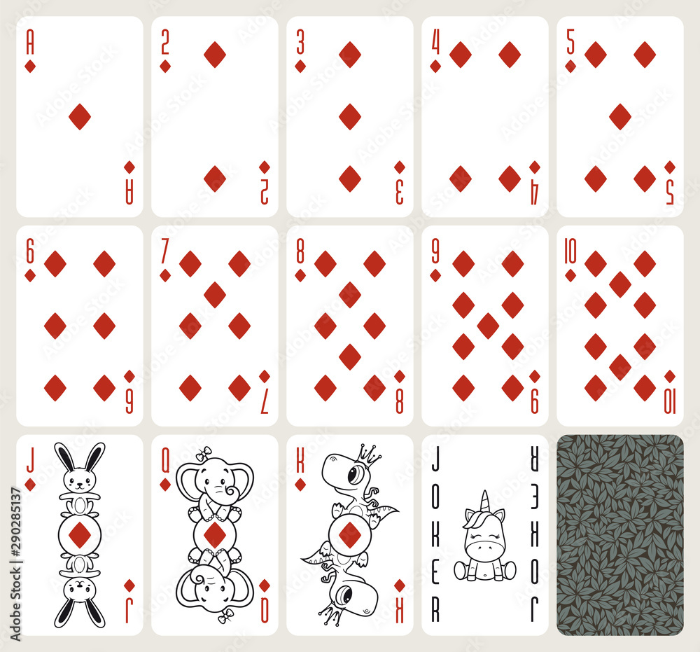 Vector baby poker playing cards with animals. Diamonds suit. Original design deck. Vector illustration Vector baby poker playing cards with animals. Diamonds suit. Original design deck. Vector illustration