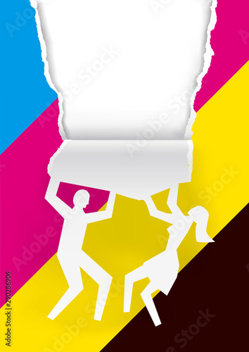  Man and woman ripped paper background with cmyk colors. Concept for presenting color printing. Place for your text or image. Vector available.