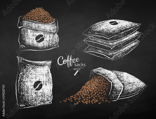 Chalk sketches sacks with coffee bean