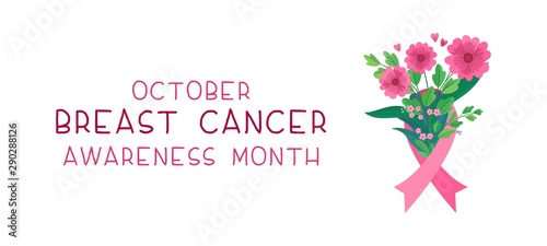 Breast cancer awareness month flat banner vector template. International october event. Feminine illness solidarity poster layout. Pink flowers bouquet with ribbon illustration with typography