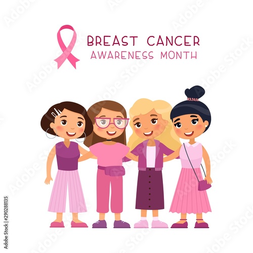 October breast cancer awareness month banner template. Female oncology  women solidarity and support poster layout. Group girls hugging flat vector illustration with typography