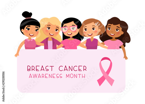 Mammary, breast cancer awareness month banner template. Smiling girls in pink clothing cartoon characters. Female solidarity poster concept. Women holding placard with ribbon flat vector illustration
