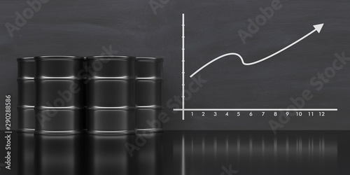 Fuel barrels, chart, black background. 3d illustration