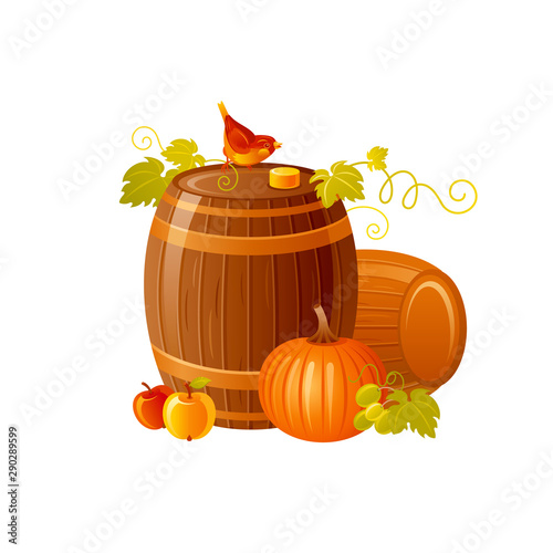 Autumn fall grapes, wine barrel icon for harvest festival, wine Beaujolais nouveau french fest, thanks giving. Cartoon autumn vector illustration for poster, logo design, isolated white background