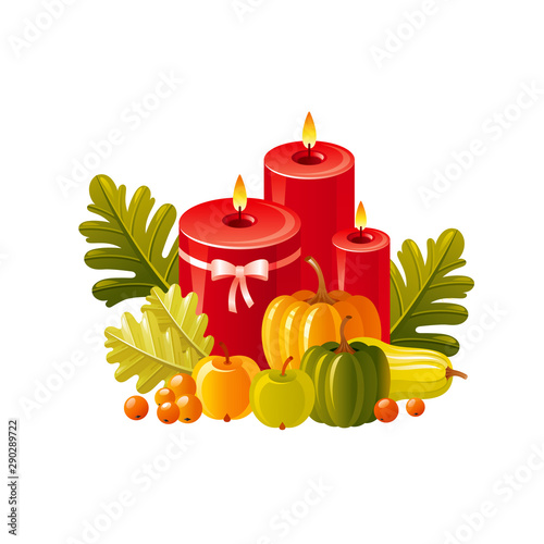 Autumn fall candle home decoration icon for harvest festival, thanksgiving day. Cartoon autumn vector illustration for logo design, poster element, fall greeting card. isolated on white background