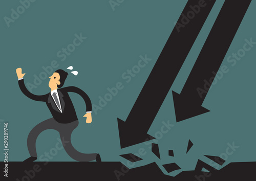 Business man running away from arrow attacks. Business concept of overcoming obstacles and challenges in the corporate world. Vector illustration.