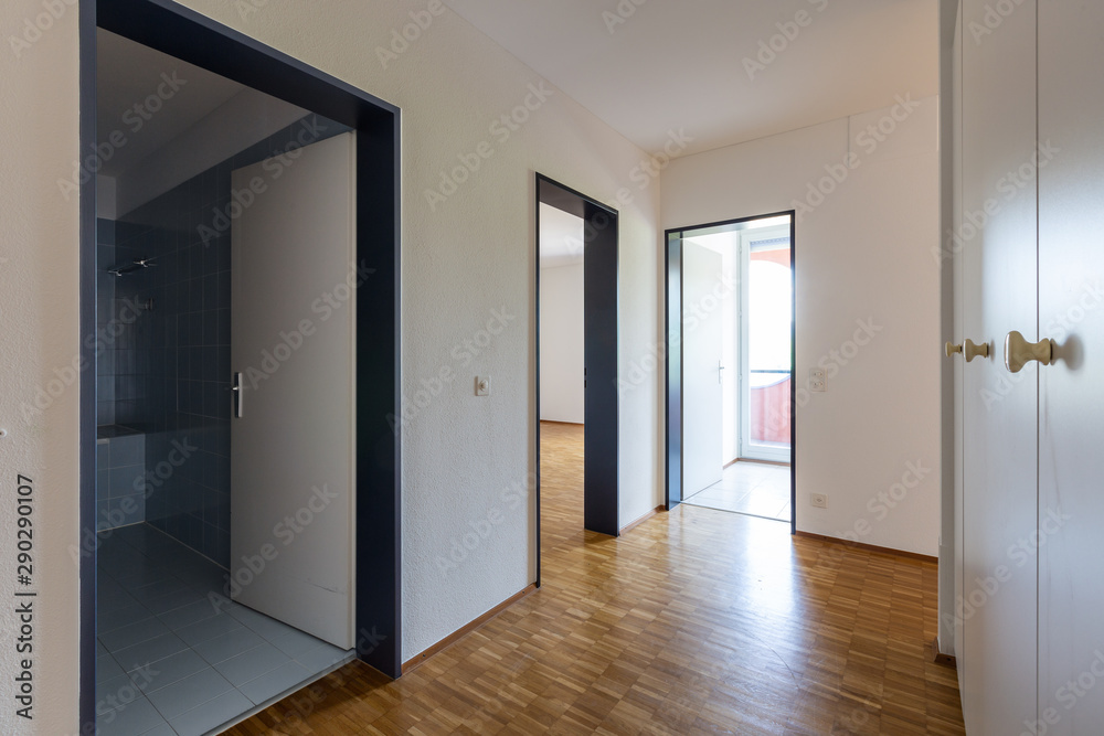 Corridor with large wardrobe and doors open to the bathroom, bedroom and kitchen