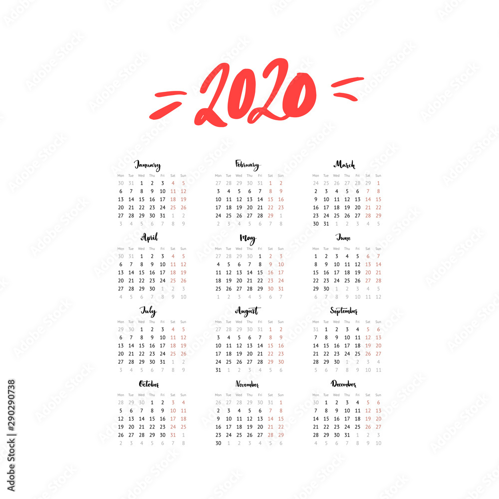 2020-year-one-page-calendar-week-start-monday-european-format-simple