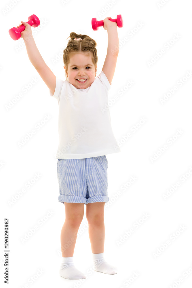 Little girl doing exercises with dumbbells. Little girl doing exercises with dumbbells.