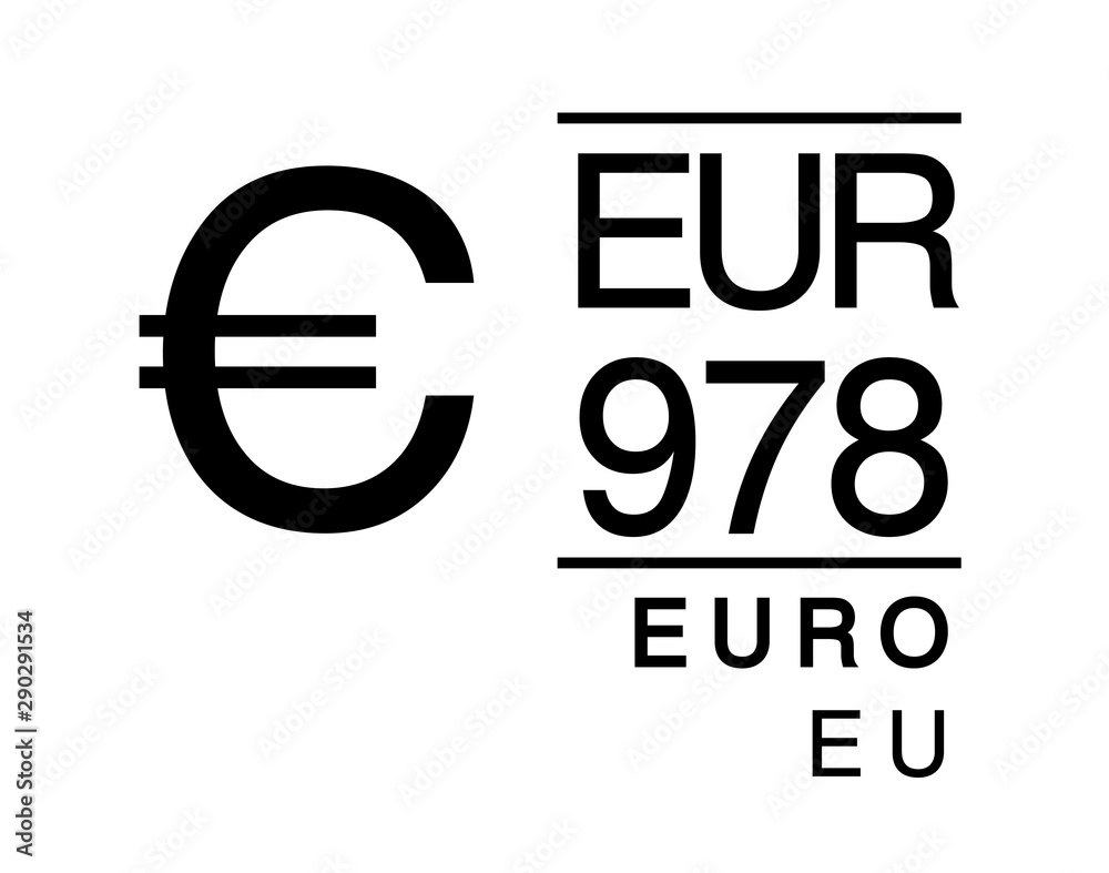 E, EUR, 978, Euro, EU Europa Banking Currency icon typography logo banner set isolated on