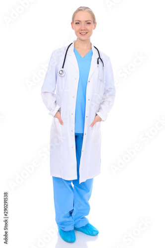 Doctor woman or nurse isolated over white background. Cheerful smiling medical staff representative. Medicine concept © rogerphoto