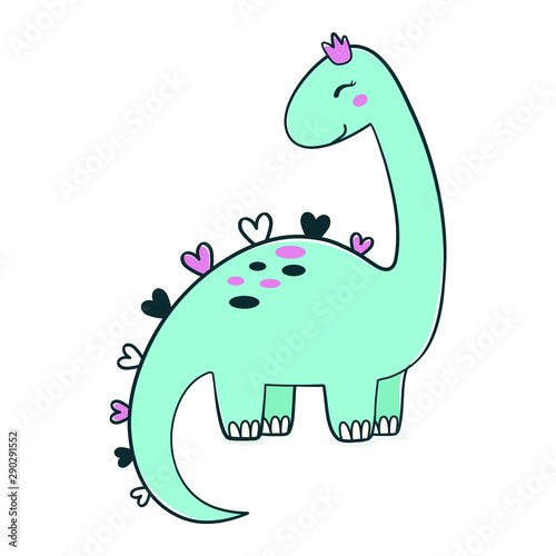 Simple illustration of cartoon dinosaur in crown, picture of cute brachiosaurus for any design. Best for kids dino party designs. Prehistoric Jurassic period character. Vector illustration isolated.