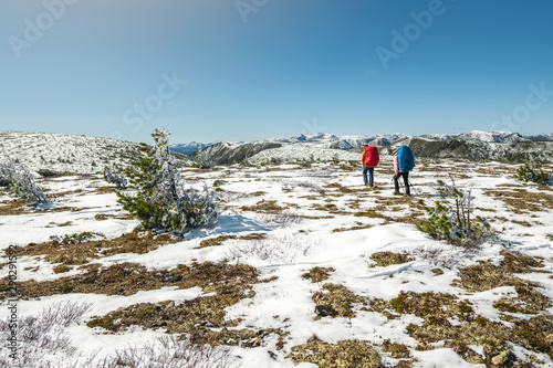 Hikers with backpacks during the ascent of the peak on background of snowy mountains landscape. Active life with nature