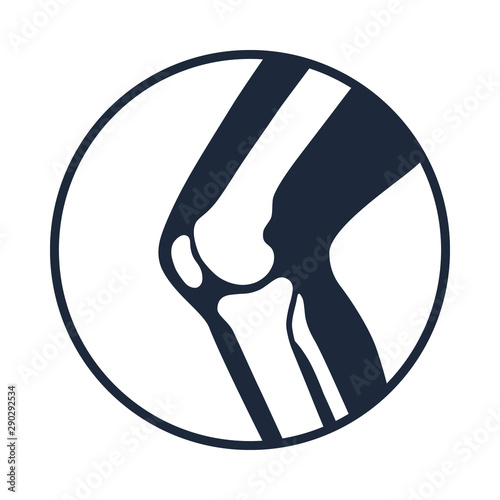 Knee joint icon. Knee bones graphic sign. Symbol human joint in the circle isolated on white background. Flat design. Vector illustration