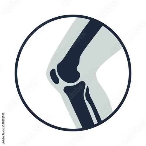Knee joint icon. Knee bones graphic sign. Symbol human joint in the circle isolated on white background. Flat design. Vector illustration