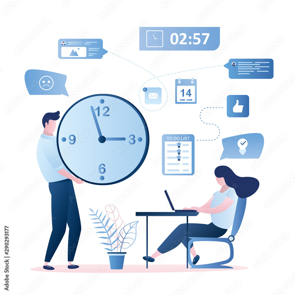 Time management and deadline concept, woman employee on workplace and businessman boss with big watch