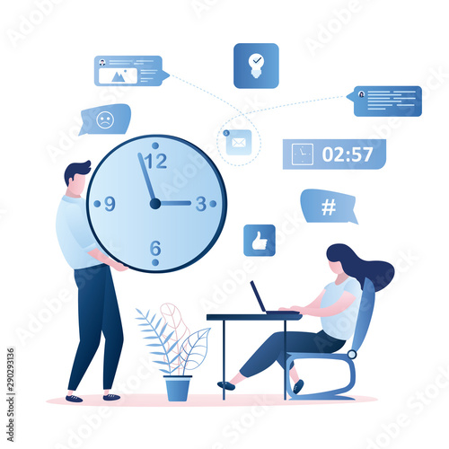 Time management and deadline concept, woman employee on workplace and businessman boss with big watch