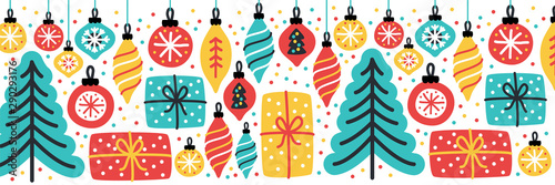 Merry little Christmas horizontal banner background with hand drawn Christmas tree, balls and present boxes