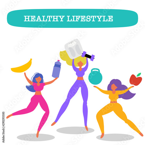 Healthy eating banner, girls in sport costumes with scales, fruit and vegetables. Concept of healthy eating, loosing weight and keep fit,  sport motivation.