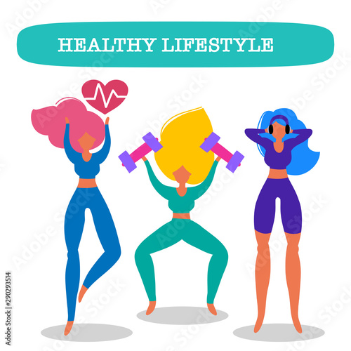 Healthy eating banner, girls in sport costumes with scales, fruit and vegetables. Concept of healthy eating, loosing weight and keep fit,  sport motivation.