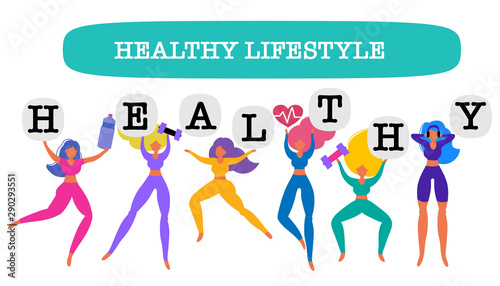 Healthy eating banner, girls in sport costumes with scales, fruit and vegetables. Concept of healthy eating, loosing weight and keep fit,  sport motivation.
