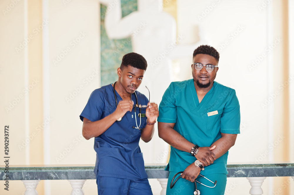 Obraz premium Two professional african male doctor at the hospital. Medical healthcare business and doctor service of Africa.