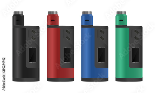 Realistic electronic cigarette concept. Box mod and dripping atomizer. 4 color options. 