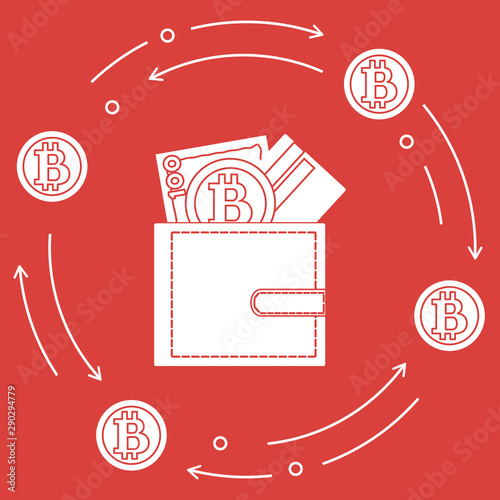Purse with banknote, credit card and bitcoin.