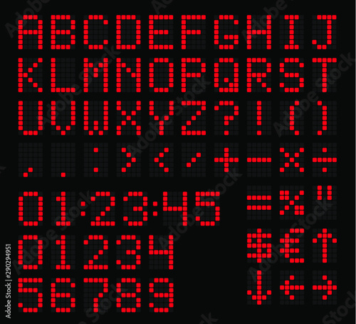 Led digital alphabet. Bright electronic number and alphabet digital display, letters and symbols. Vector flat style cartoon illustration on black background