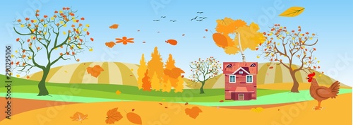 Panoramic of Countryside landscape in autumn,  illustration of horizontal banner in autumn green and yellow hills, farm house,  leaves falling from trees.