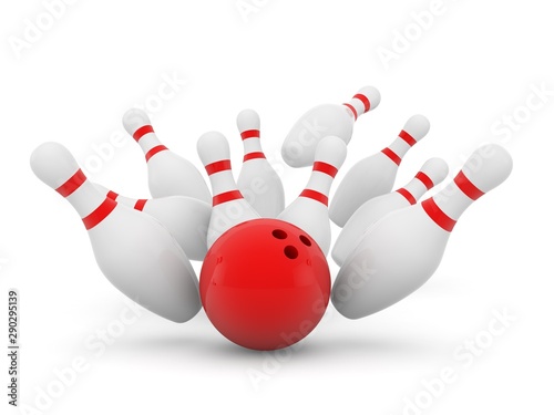 Bowling ball and scattered skittles on a white background. 3d render illustration.